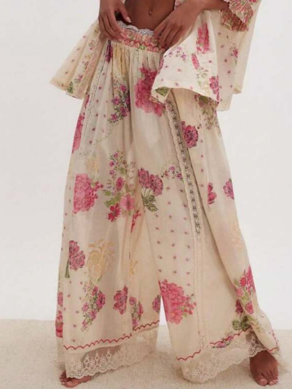 Cream Floral Wide-Leg Lace Trim Pants